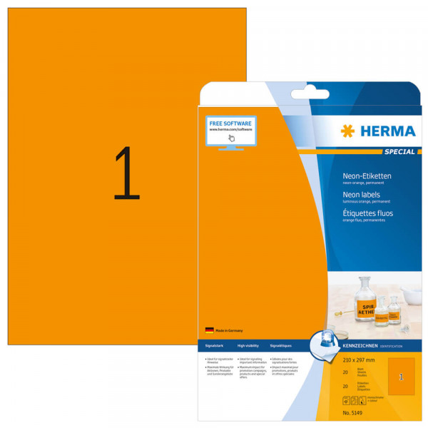 Etiketten Herma 5149, neonorange, 210x297mm mit Verpackung
