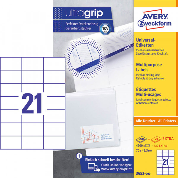 Etiketten Zweckform 3652-200 ultragrip, 70x42,3mm Verpackung