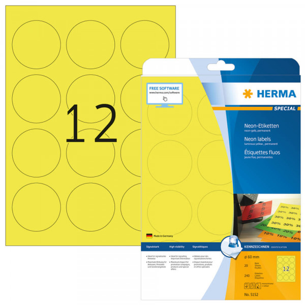 Etiketten Herma 5152, neongelb, Ø60mm mit Verpackung