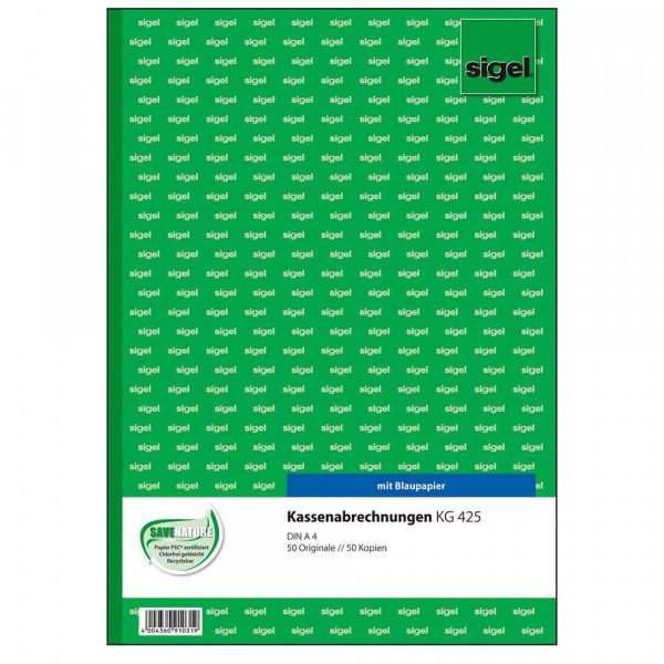 Kassenabrechnung Sigel KG425, Blaupapier Deckblatt