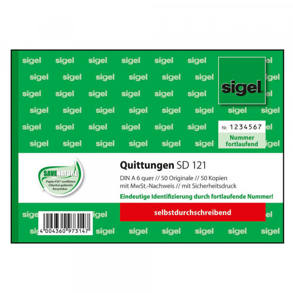 Quittungen Sigel SD121, 2x50, Mehrwertsteuer-Nachweis Deckblatt