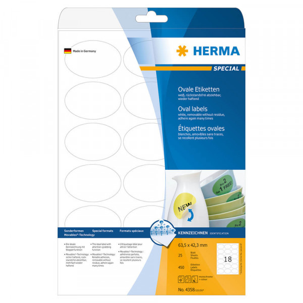 Etiketten Herma 4358 Ablösbare Etiketten, oval, 63,5x42,3mm