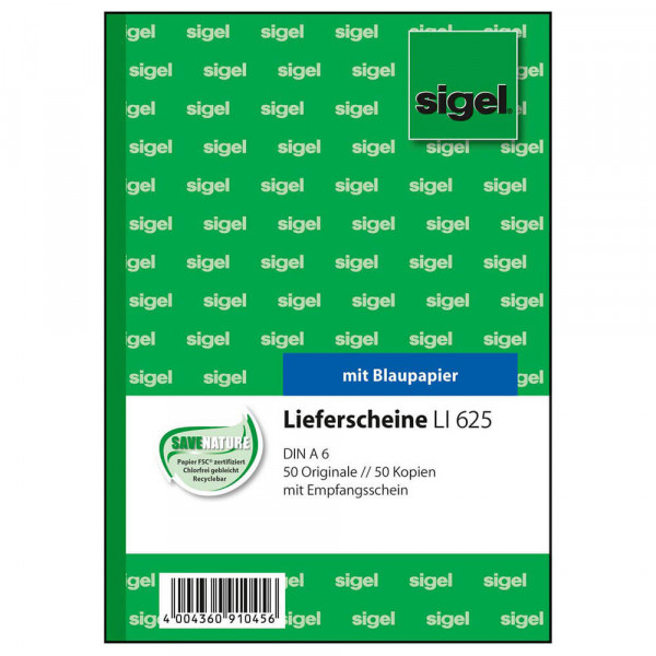 Lieferschein Sigel LI625 A6, mit Blaupapier, 2x50 Blatt Deckblatt