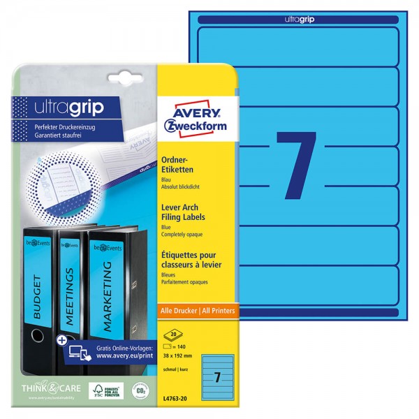 Rückenschilder Zweckform L4763-20, 192x38mm, blau, Verpackung + Bogen
