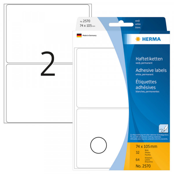 Etiketten Herma 2570, für Schreibgeräte, 74x105mm mit Verpackung