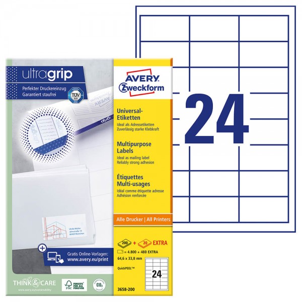 Etiketten Zweckform 3658-200 ultragrip Verpackung + Inhalt