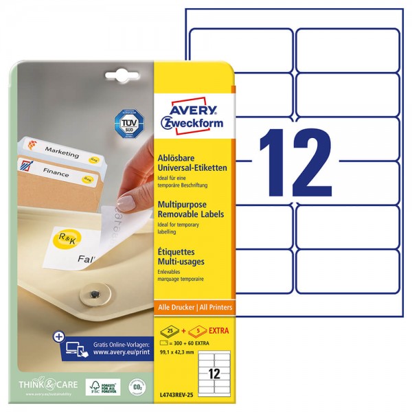 Etiketten Zweckform L4743REV-25, ablösbar, 99,1x42,3mm Verpackung + Bogen